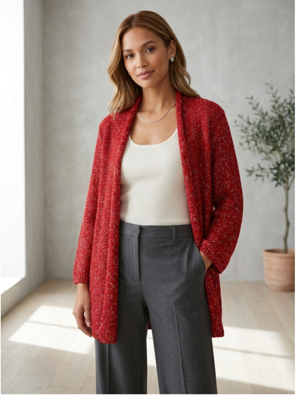 Rafaella Red Silver Metallic Open Front LongLine Cardigan Sweater Plus Size 3X